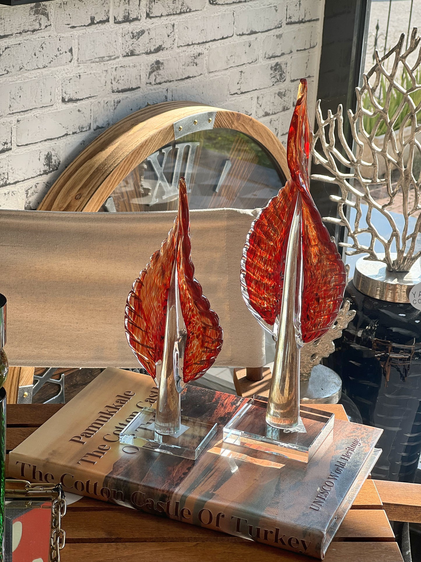 Silvanis Cam Yaprak Obje Set Turuncu Kırmızı