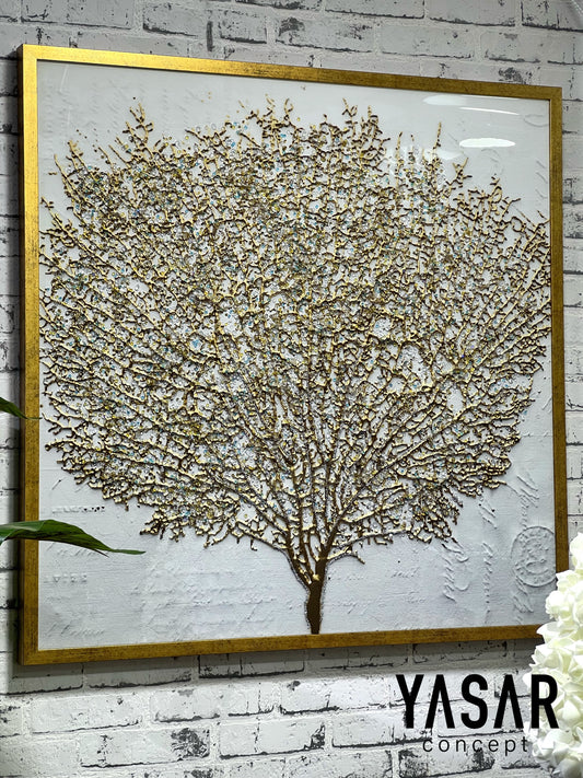 Ağaç Kristal Epoksi Taşlı Reçine Tablo Eskitme Gold Çerçeve