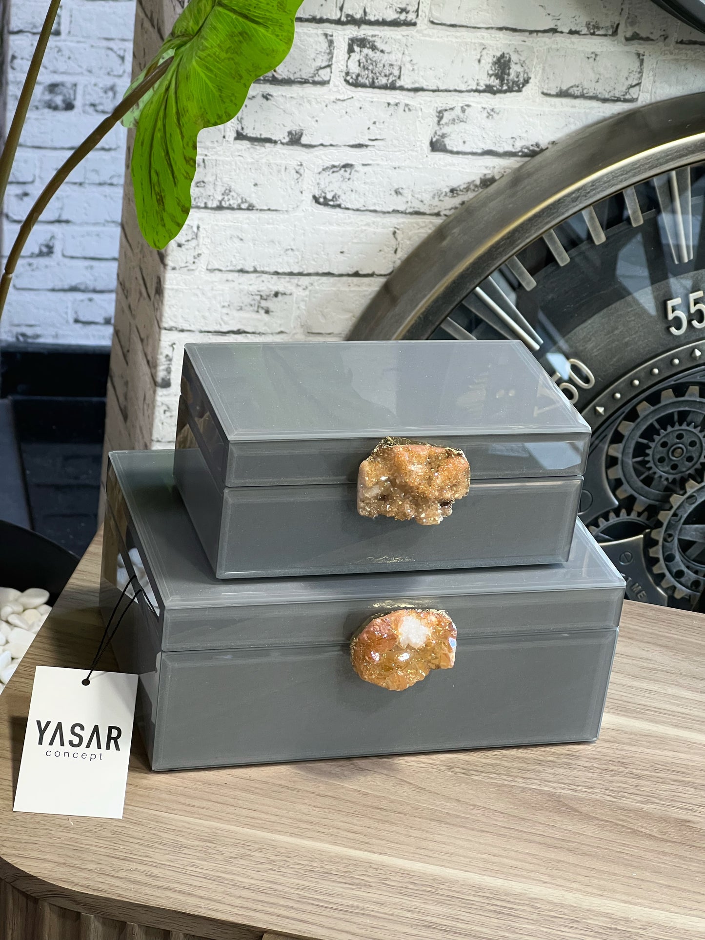 2'Li Glisca Dekoratif Kutu Doğal Taşlı Gri