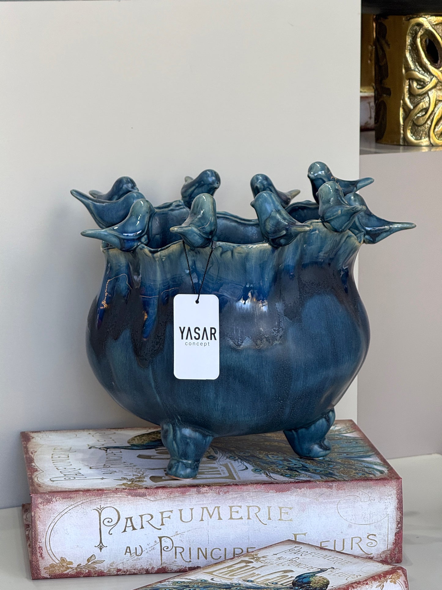 Volare Kuşlu Kabartmalı Vazo Lacivert 28x24 Cm