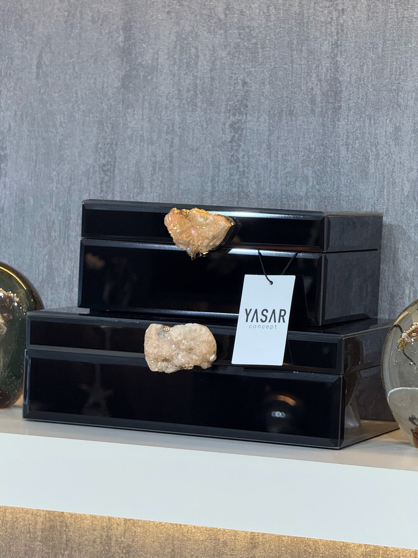 Miravia Dekoratif Cam Kutu Doğal Taşlı Siyah Set