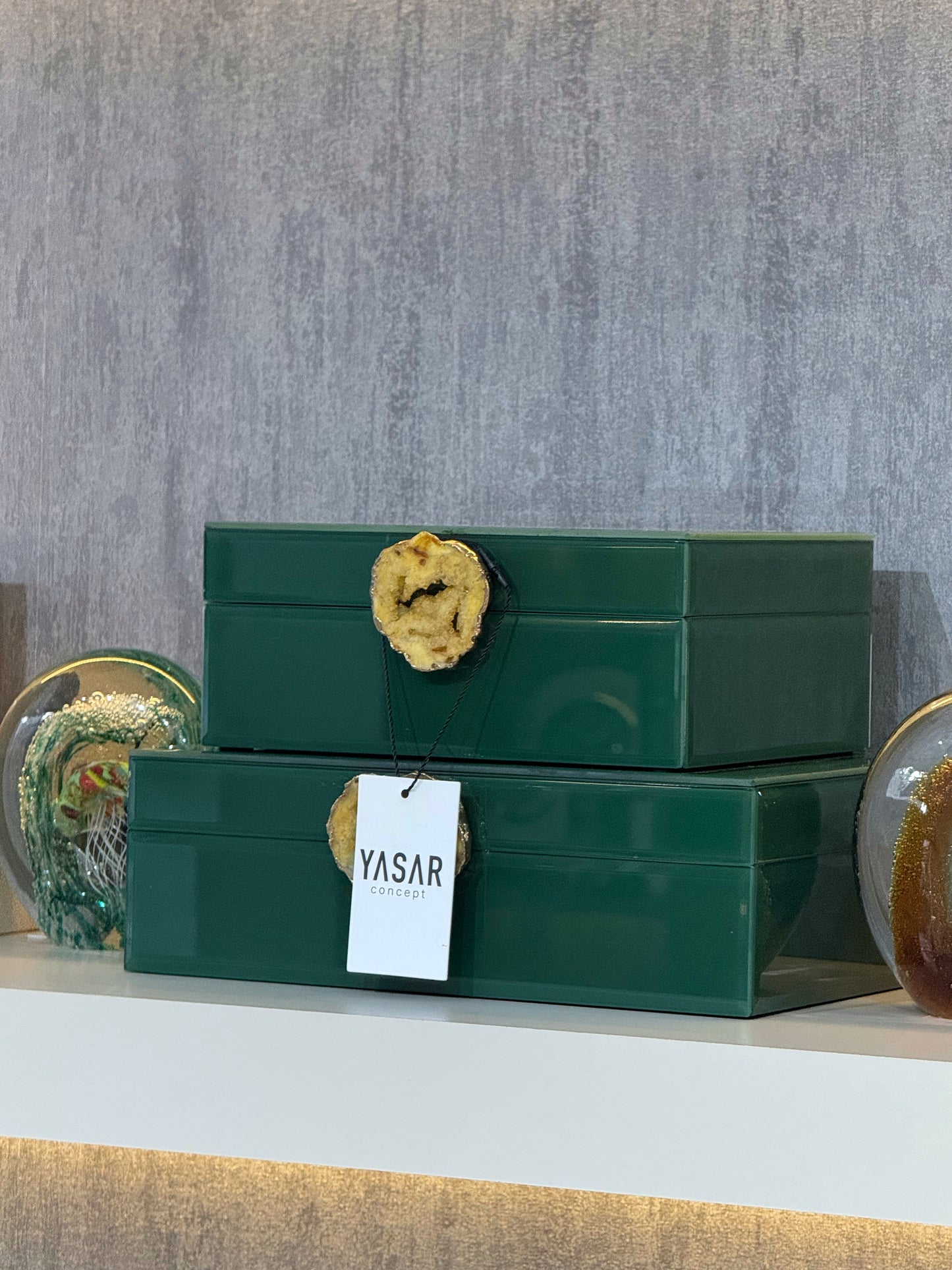 Miravia Dekoratif Cam Kutu Doğal Taşlı Yeşil Set