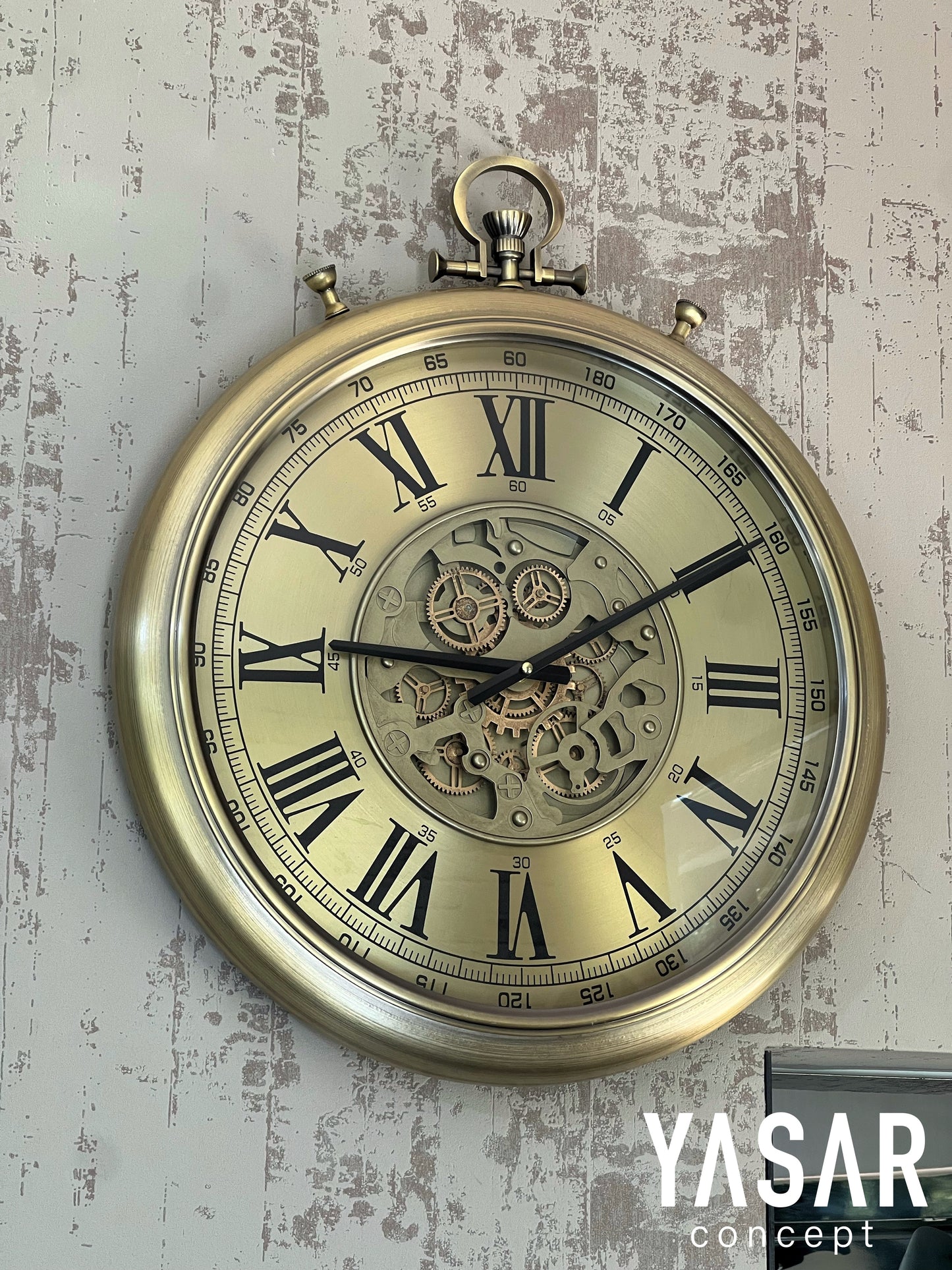 Chronovia Metal Çarklı Duvar Saati Antik Gold 60 Cm