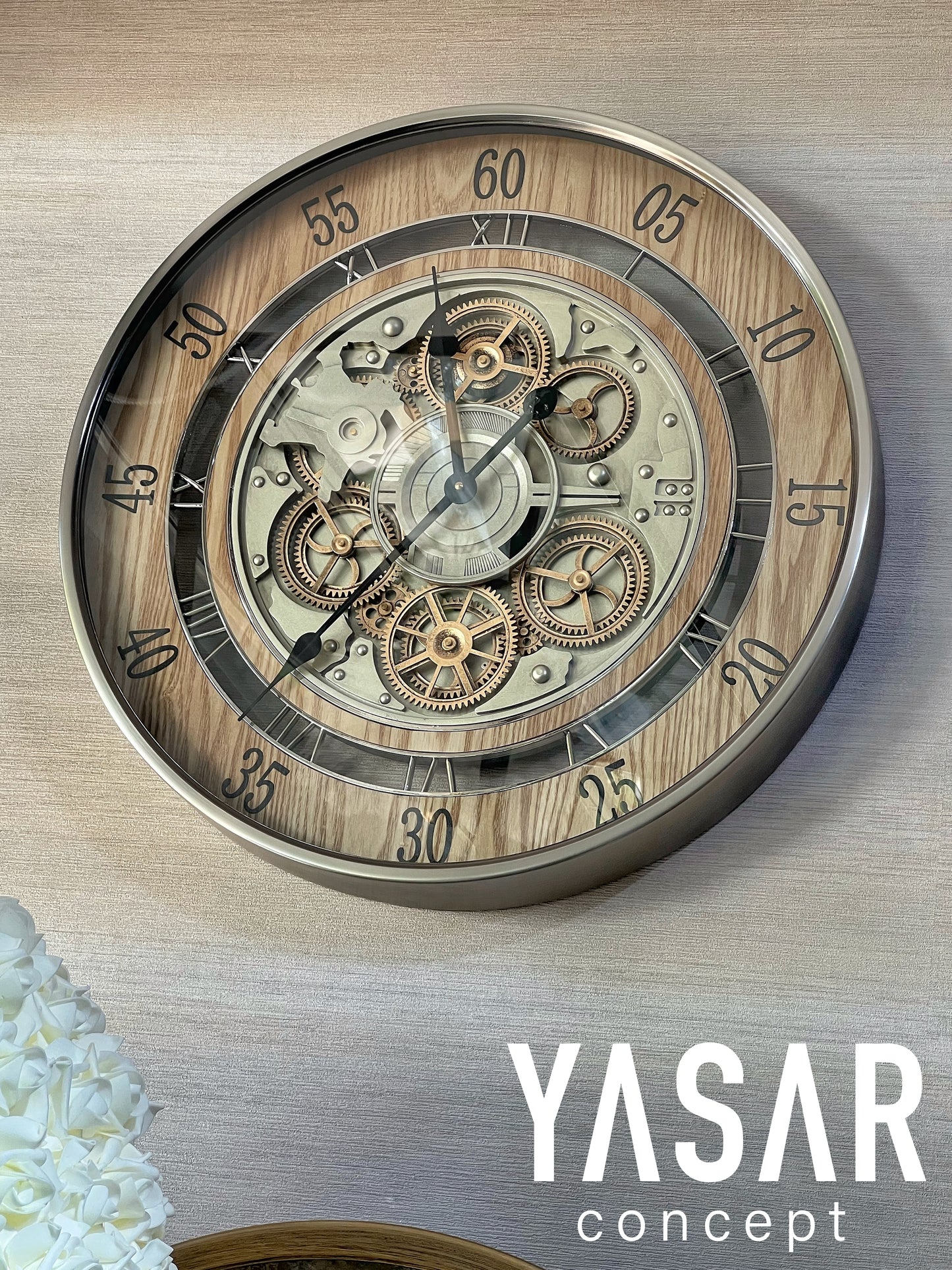 Wheelon Metal Ahşap Çarklı Duvar Saati 60 Cm