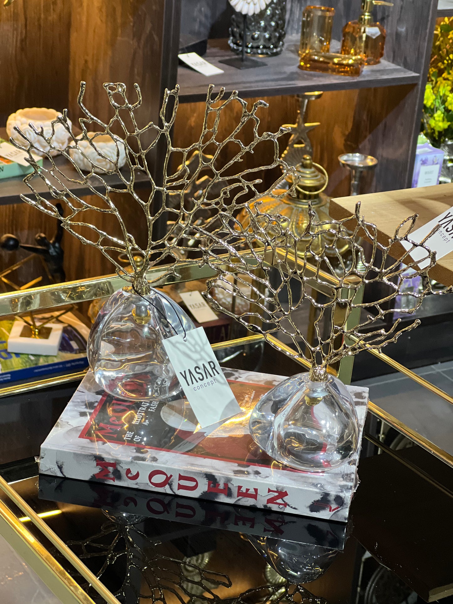 Corallium Metal ve Cam Dekoratif Mercan Obje Gold Set