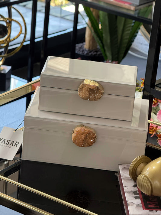 2'Li Glisca Dekoratif Kutu Doğal Taşlı Kırık Beyaz