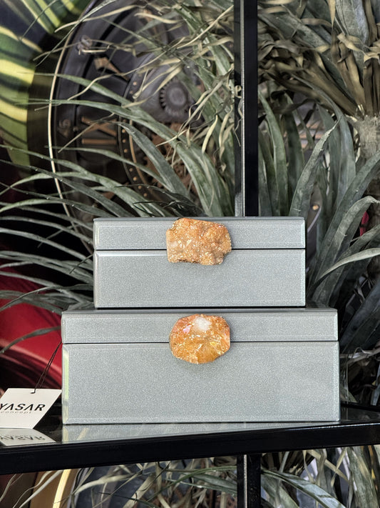 2'Li Glisca Dekoratif Kutu Doğal Taşlı Gri