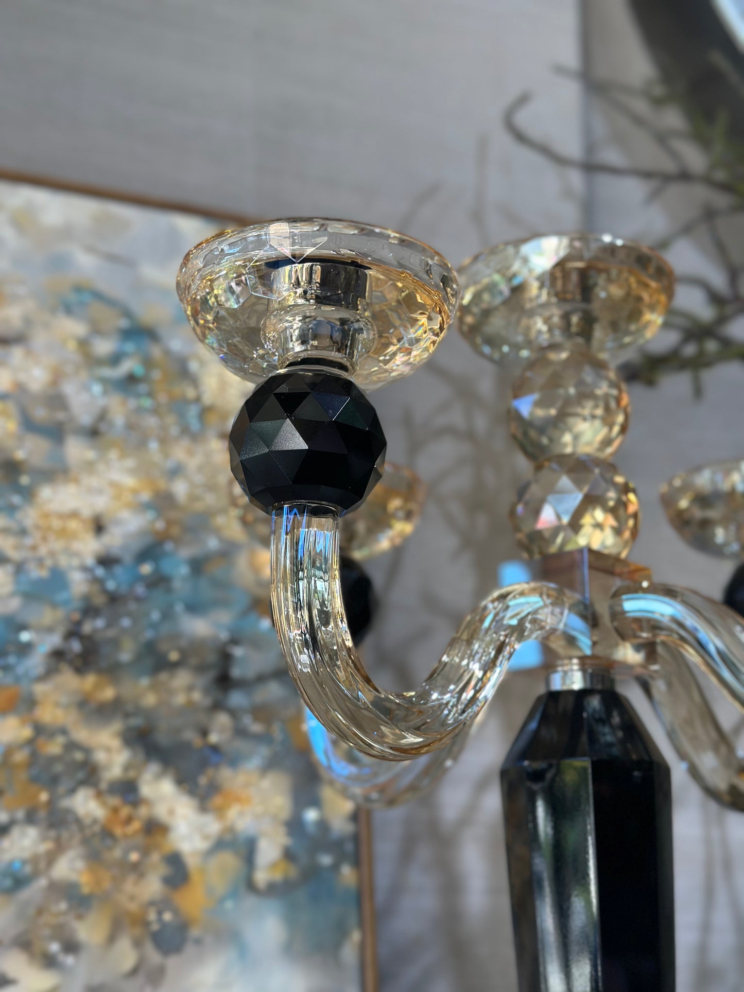 Luxoria 5 Kollu Kristal Şamdan Amber Siyah