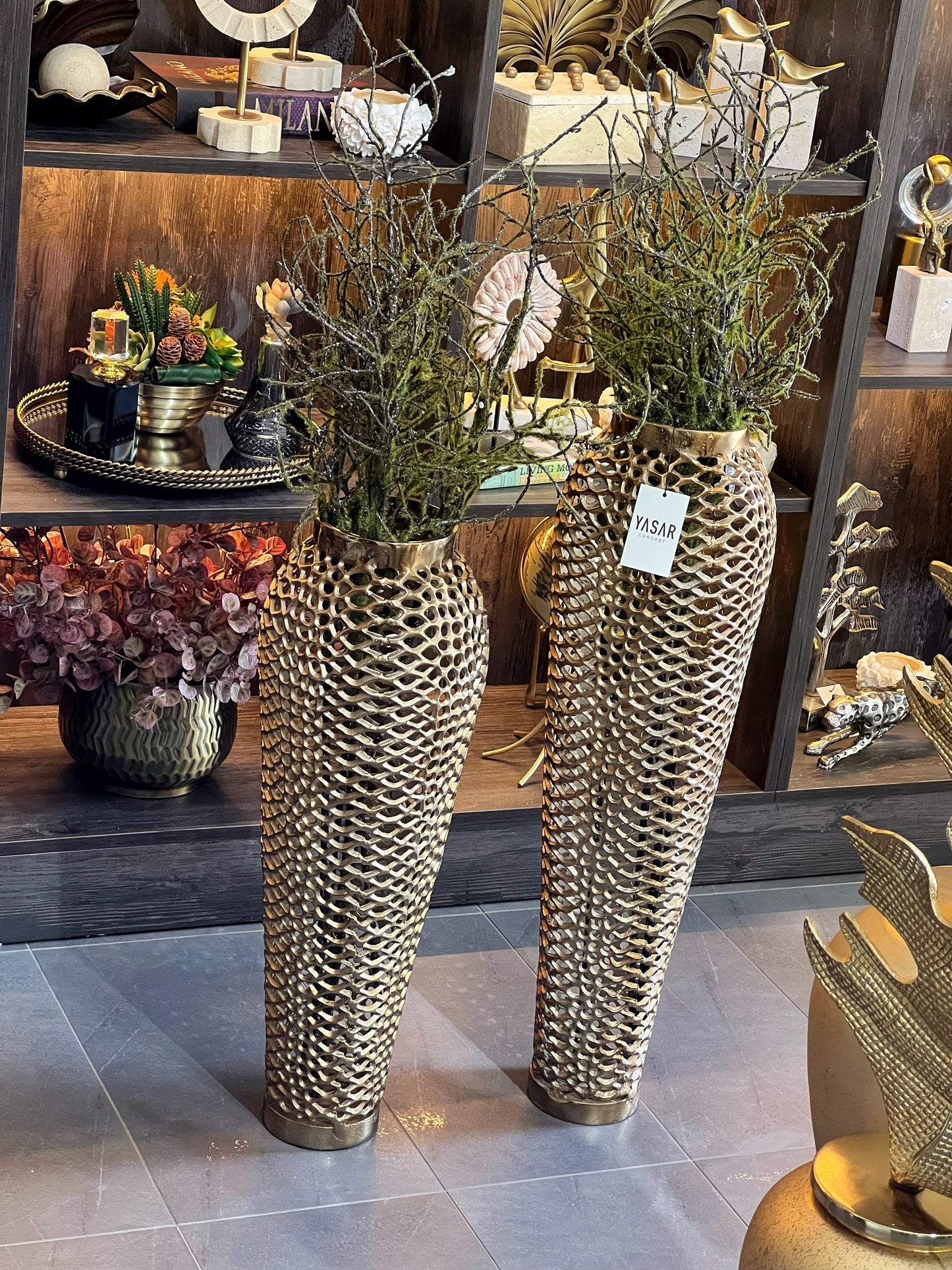 Lumetra Delikli Metal Yer Vazosu Set Gold