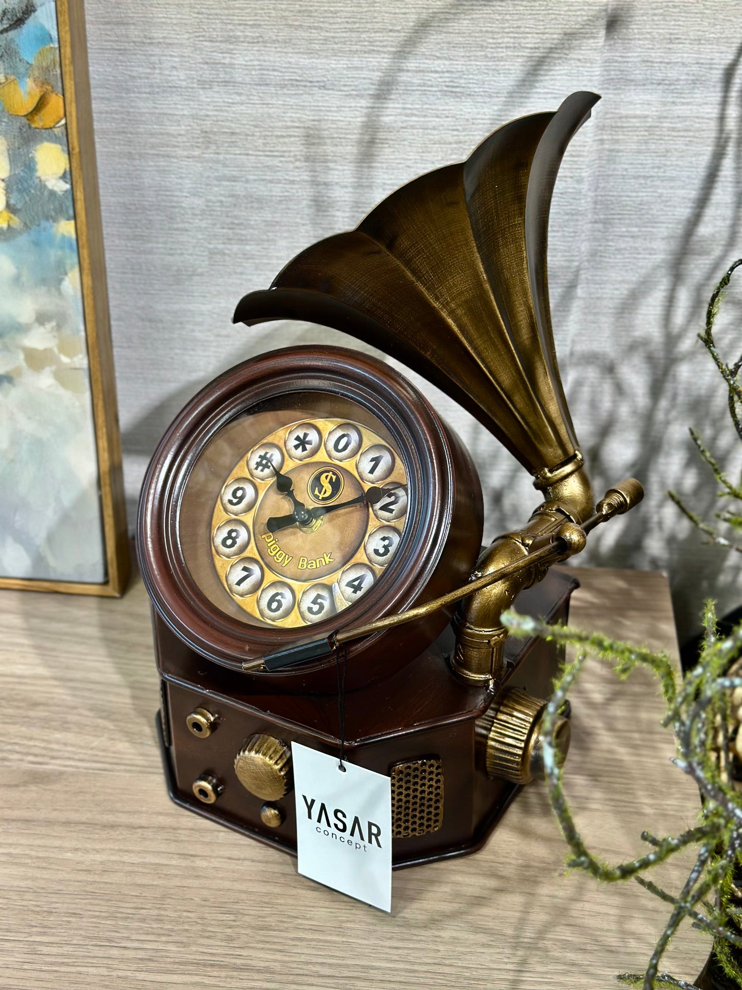 Gramoria Metal Dekoratif Gramafon Saat Detaylı