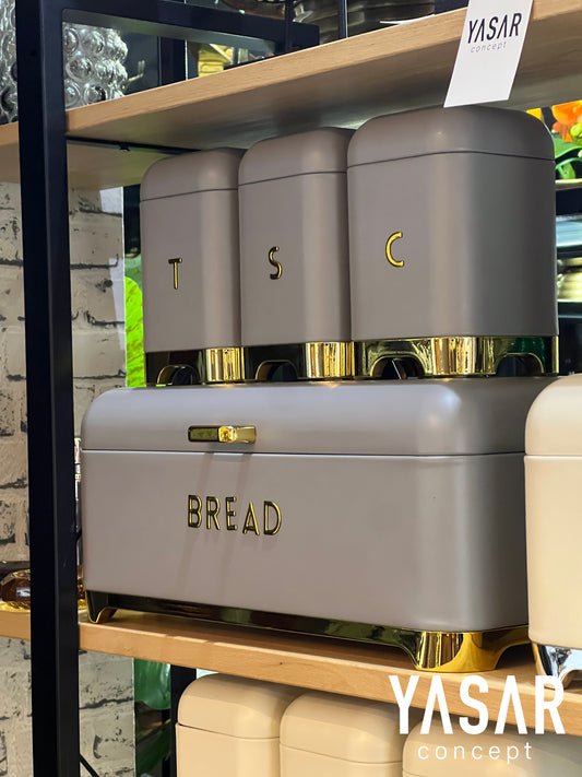 Metal Ekmeklik, Çay, Kahve, Şeker Kavanoz Saklama Kabı Seti Gri