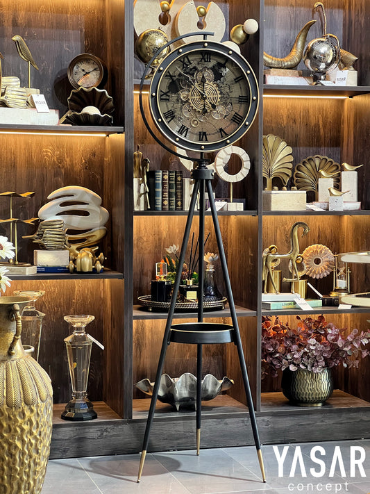 Vintora Dünya Haritalı Metal Çarklı Tripod Ayaklı Saat