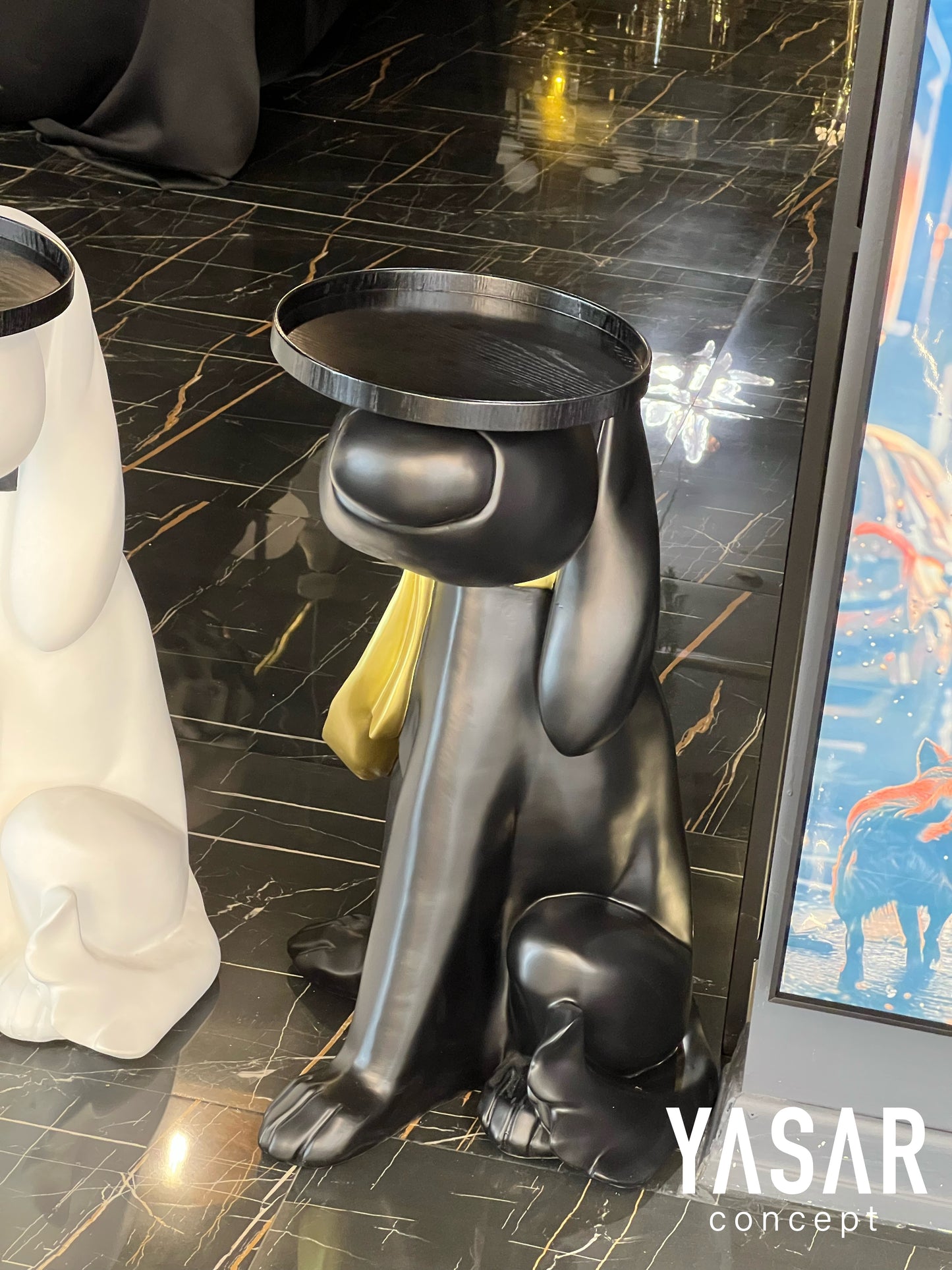 Pawdie Tepsili Dekoratif Köpek Heykeli Siyah