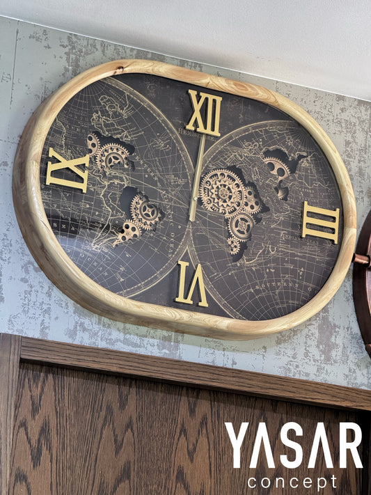 Worldvine Dünya Haritalı Ahşap Çarklı Duvar Saati 50x70 Cm