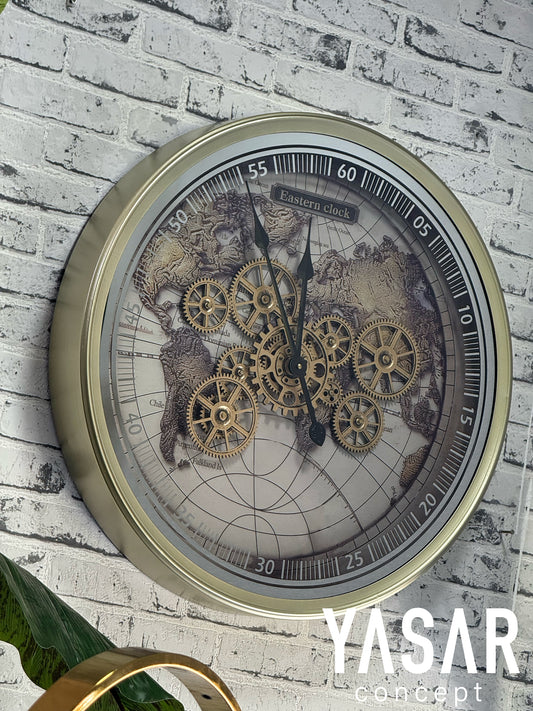 Vintorque Dünya Haritalı Metal Çarklı Duvar Saati 60 Cm