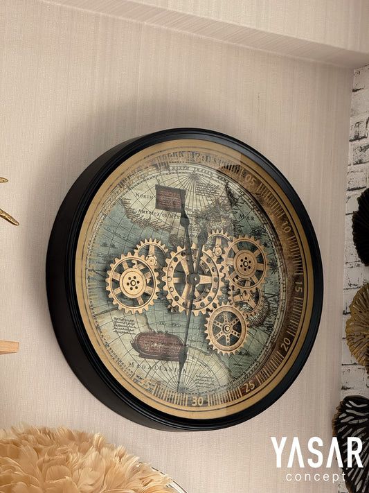 World Map Dünya Haritalı Metal Çarklı Duvar Saati 60 Cm