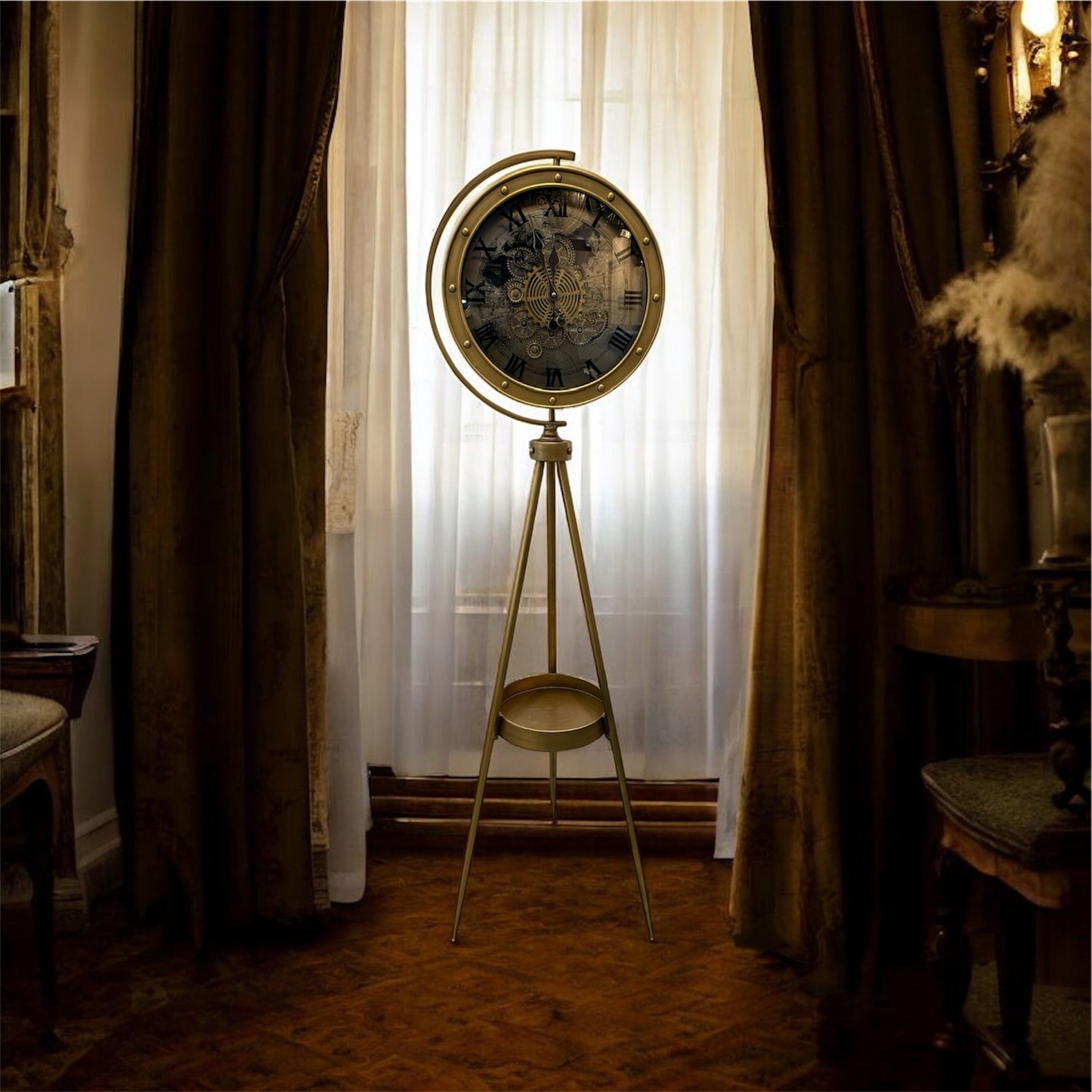 Mecrova Dünya Haritalı Metal Çarklı Tripod Ayaklı Saat