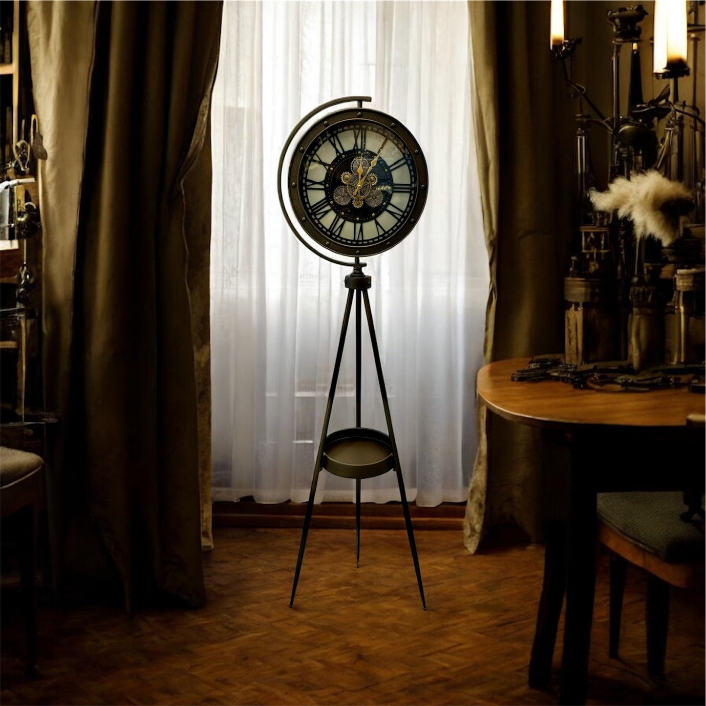 Retique Metal Çarklı Tripod Ayaklı Saat