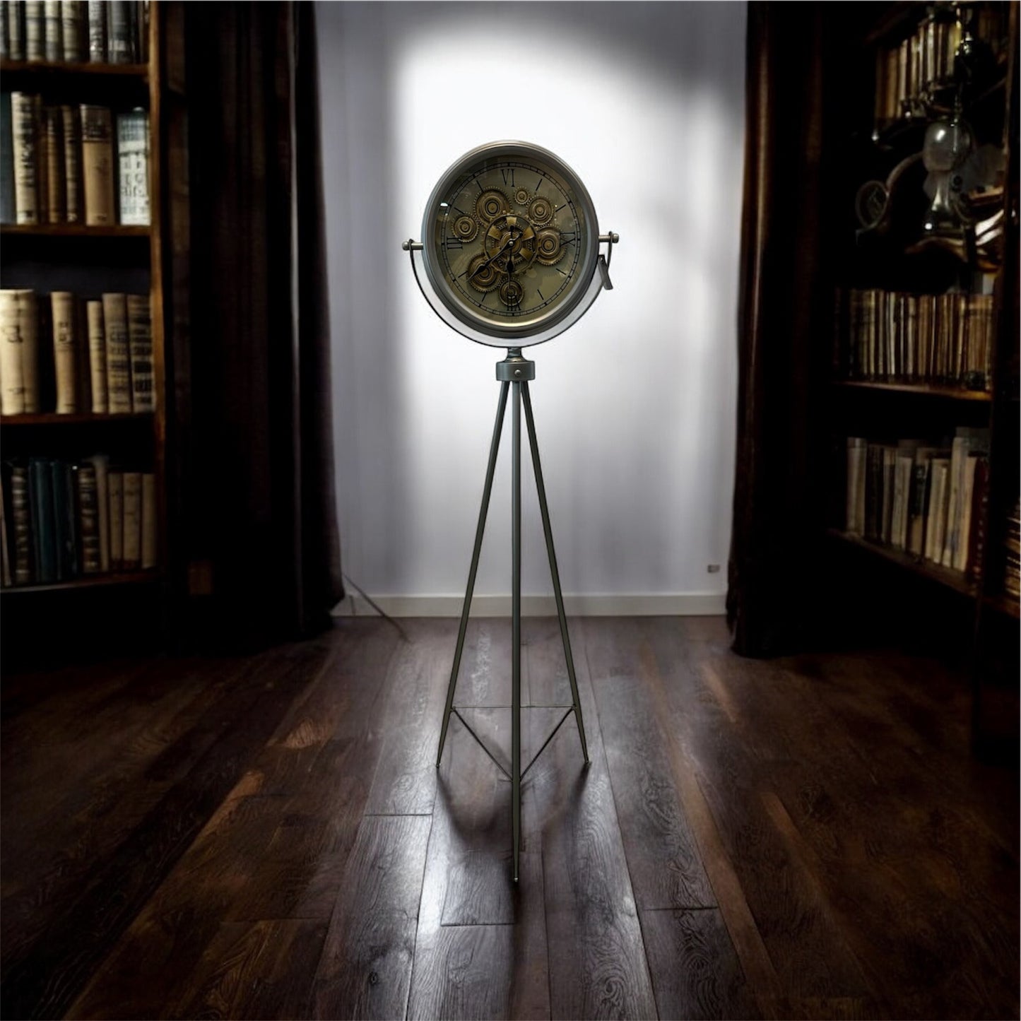 Retrovia Metal Çarklı Tripod Ayaklı Saat Antik Gümüş