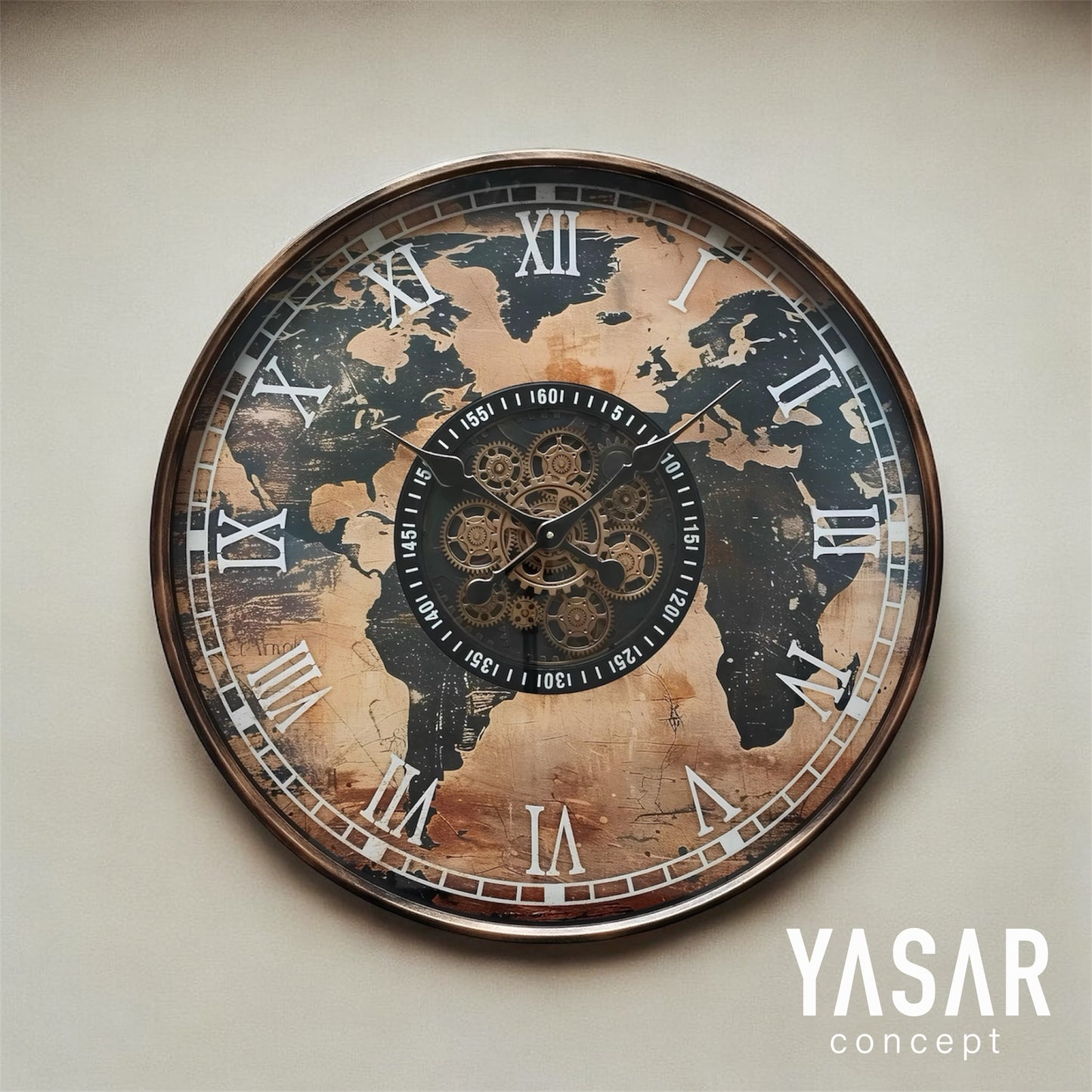 Worlddial Dünya Haritalı Metal Çarklı Duvar Saati 60 Cm