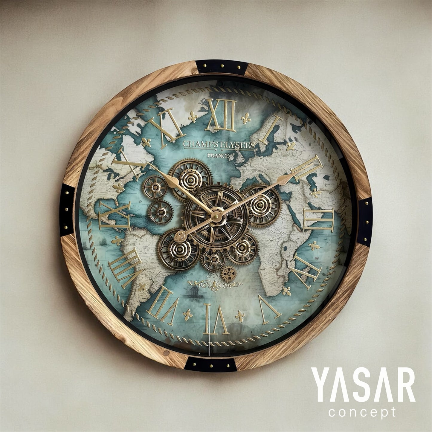 Terratime Dünya Haritalı Ahşap Çarklı Duvar Saati 60 Cm