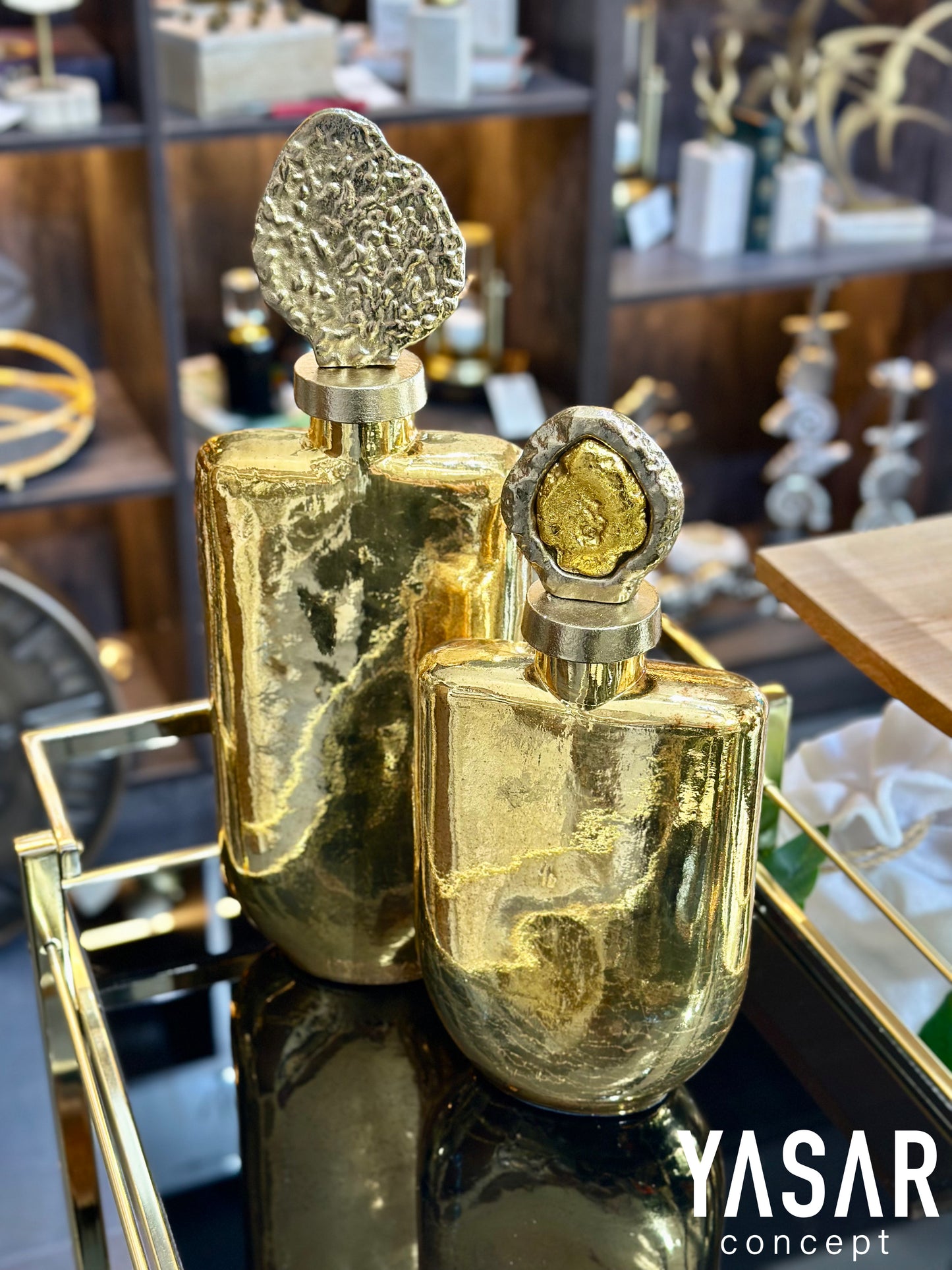 Antik Gold Kapaklı Cam Vazo Set