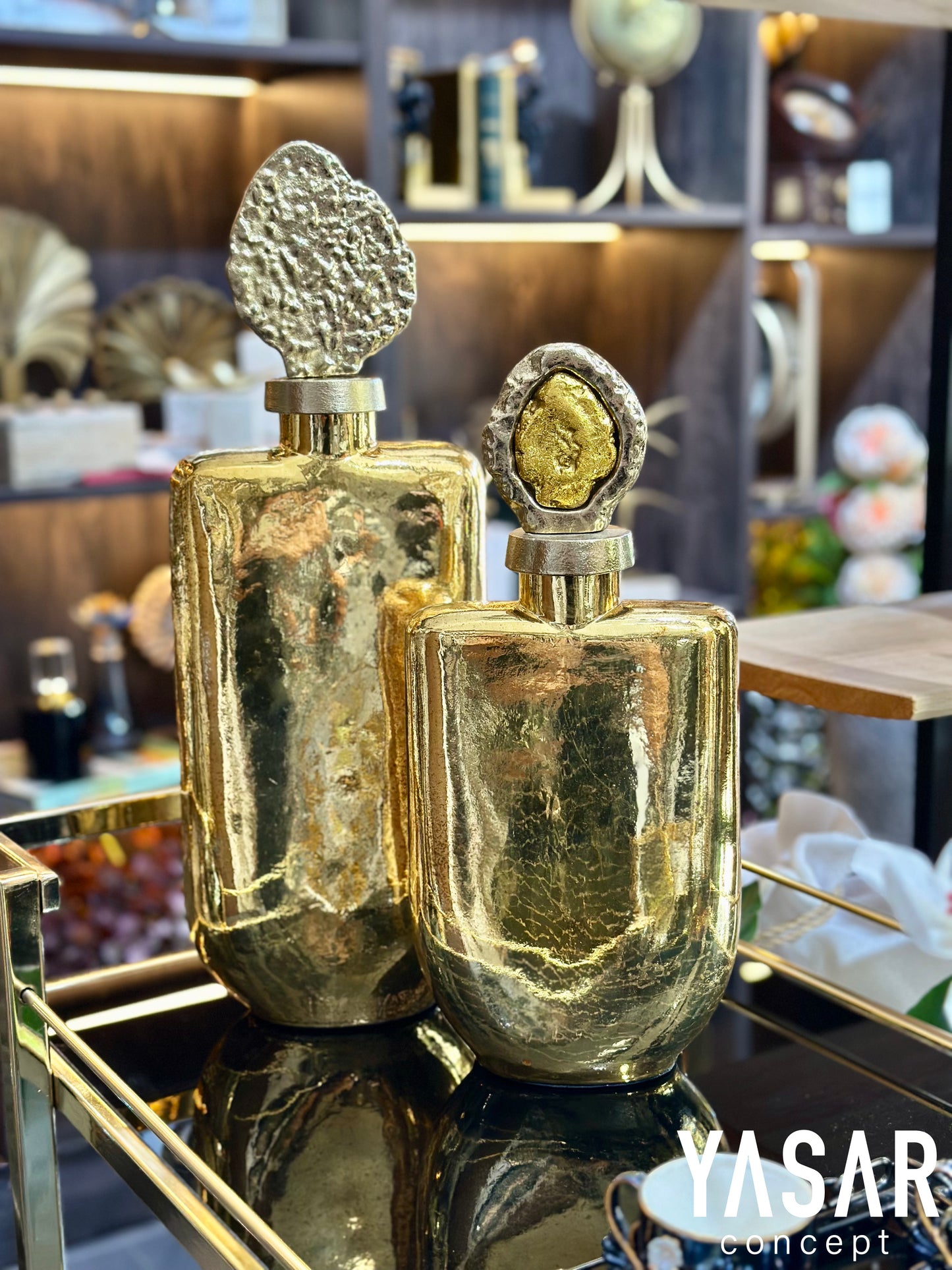 Antik Gold Kapaklı Cam Vazo Set