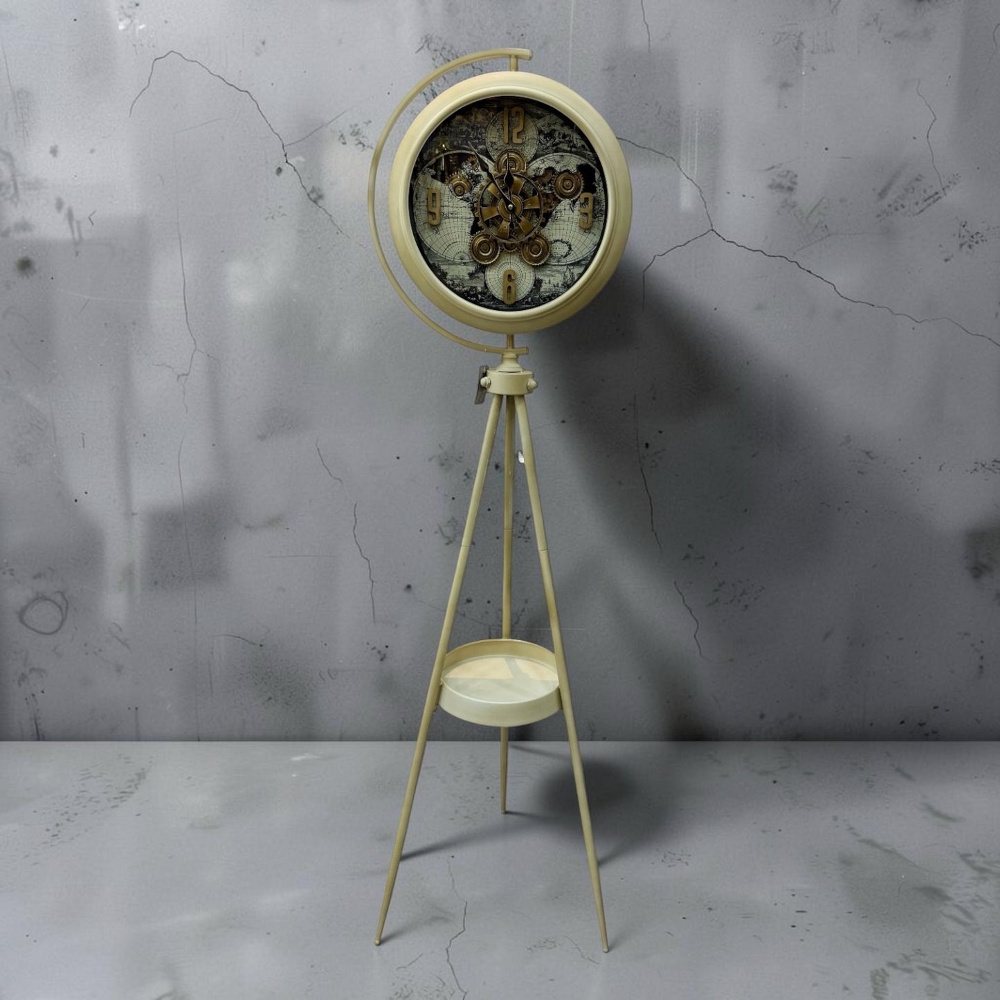 Longitude Dünya Haritalı Metal Çarklı Tripod Ayaklı Saat