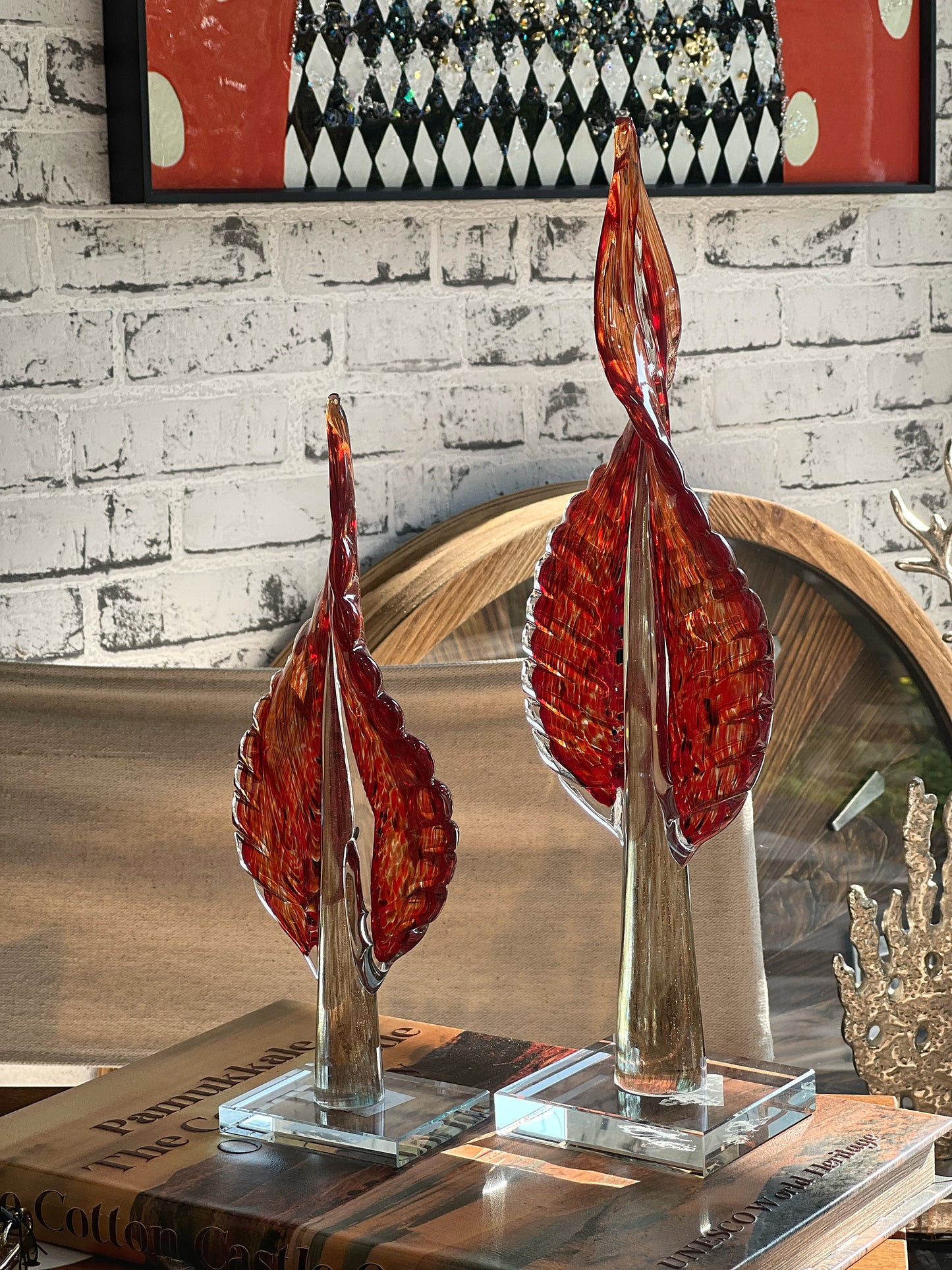 Silvanis Cam Yaprak Obje Set Turuncu Kırmızı