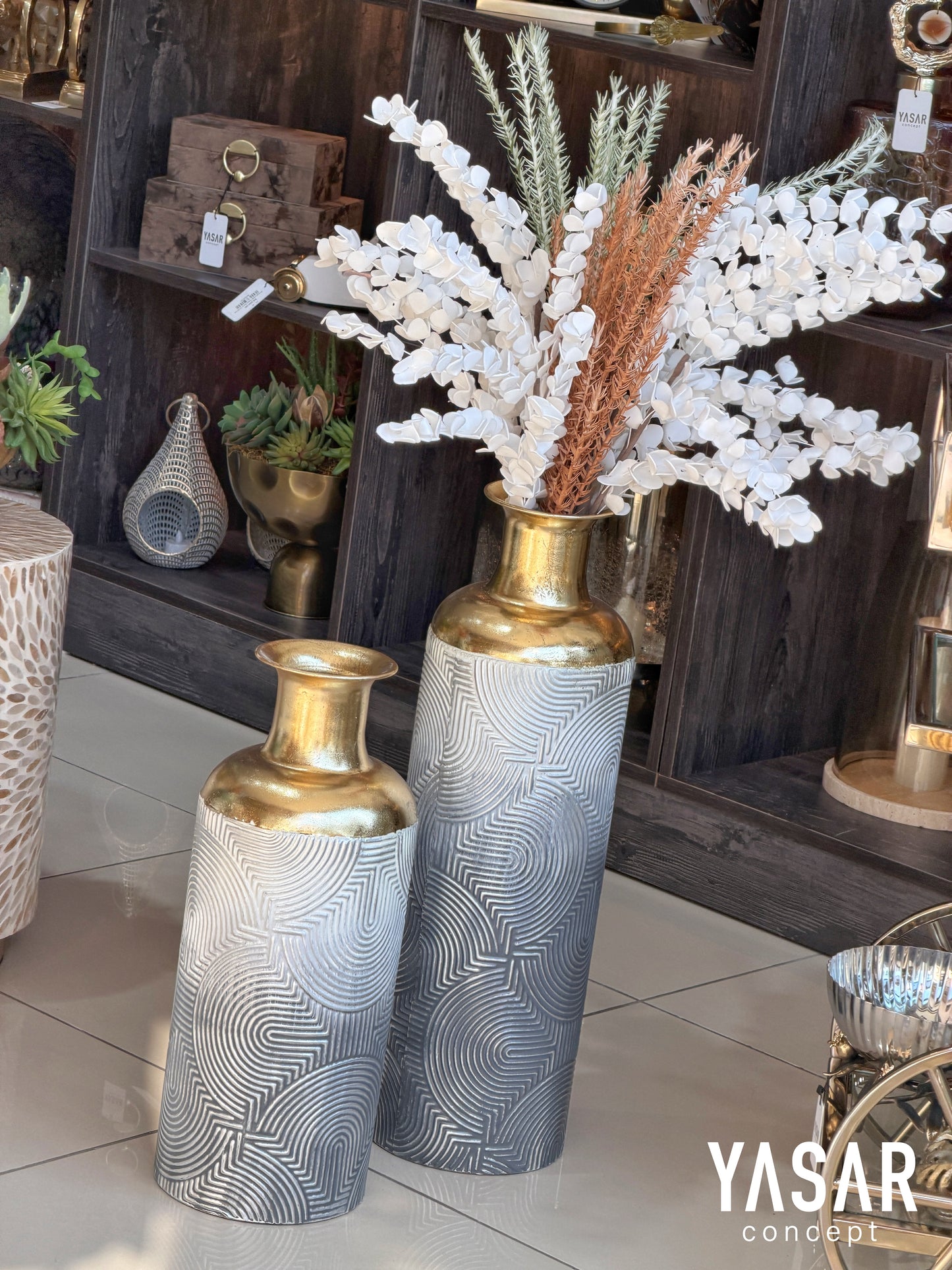 Bellisse Metal Yer Vazosu Set 19x50 Cm ve 20x63 Cm