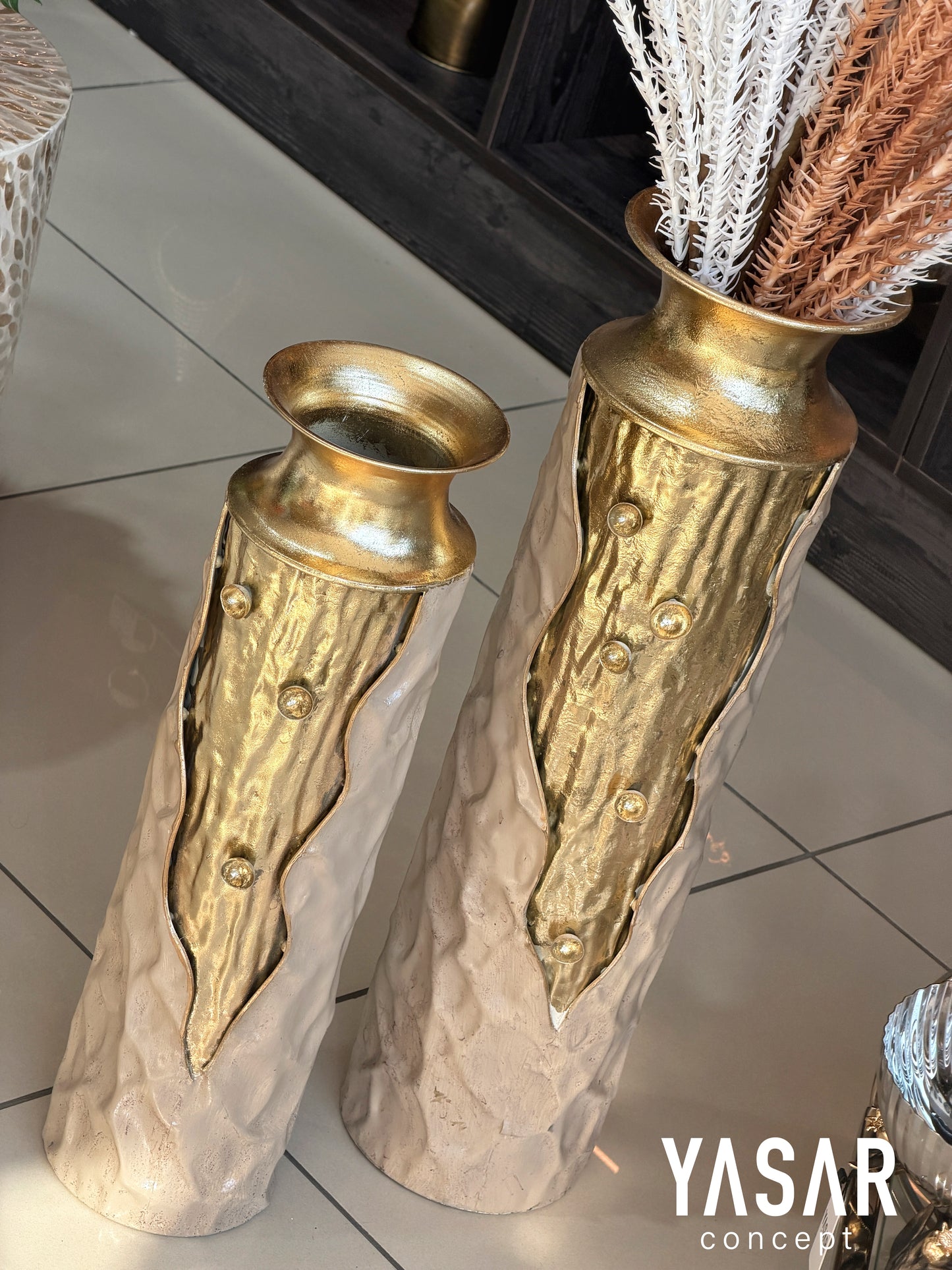 Cravellea Metal Yer Vazosu Set 15x55 Cm ve 17x65 Cm