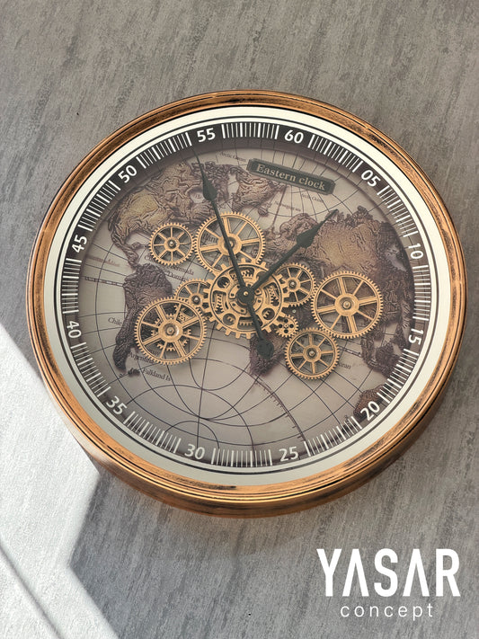 Eastern Clock Dünya Haritalı Metal Çarklı Duvar Saati 60 Cm