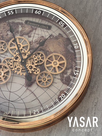Eastern Clock Dünya Haritalı Metal Çarklı Duvar Saati 60 Cm