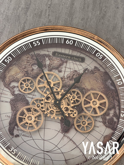 Eastern Clock Dünya Haritalı Metal Çarklı Duvar Saati 60 Cm