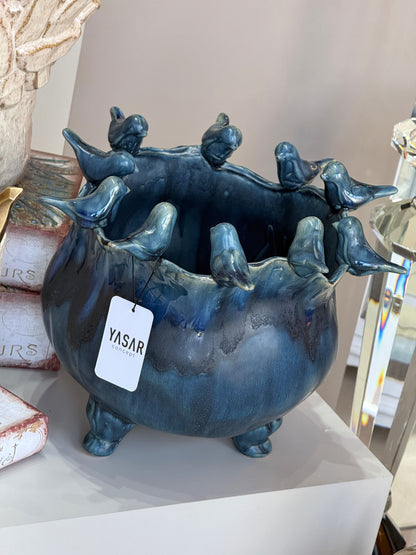 Volare Kuşlu Kabartmalı Vazo Lacivert 28x24 Cm