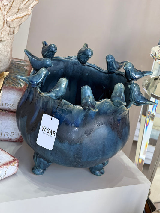 Volare Kuşlu Kabartmalı Vazo Lacivert 28x24 Cm