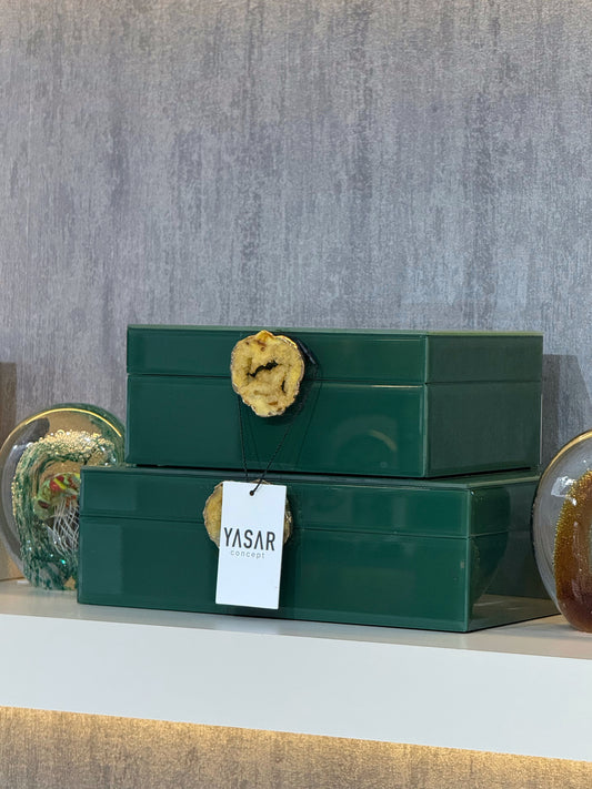 Miravia Dekoratif Cam Kutu Doğal Taşlı Yeşil Set