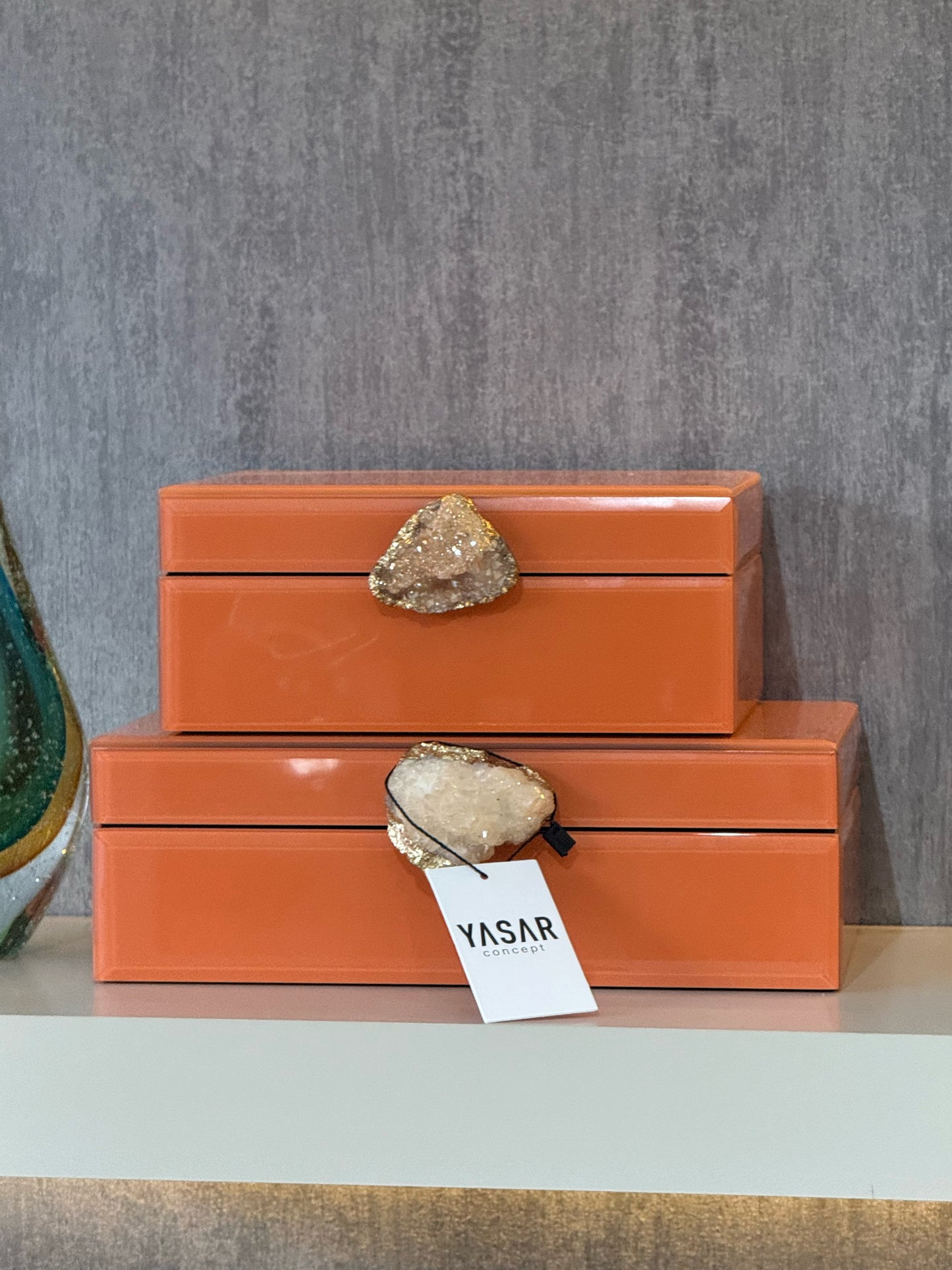 Miravia Dekoratif Cam Kutu Doğal Taşlı Turuncu Set