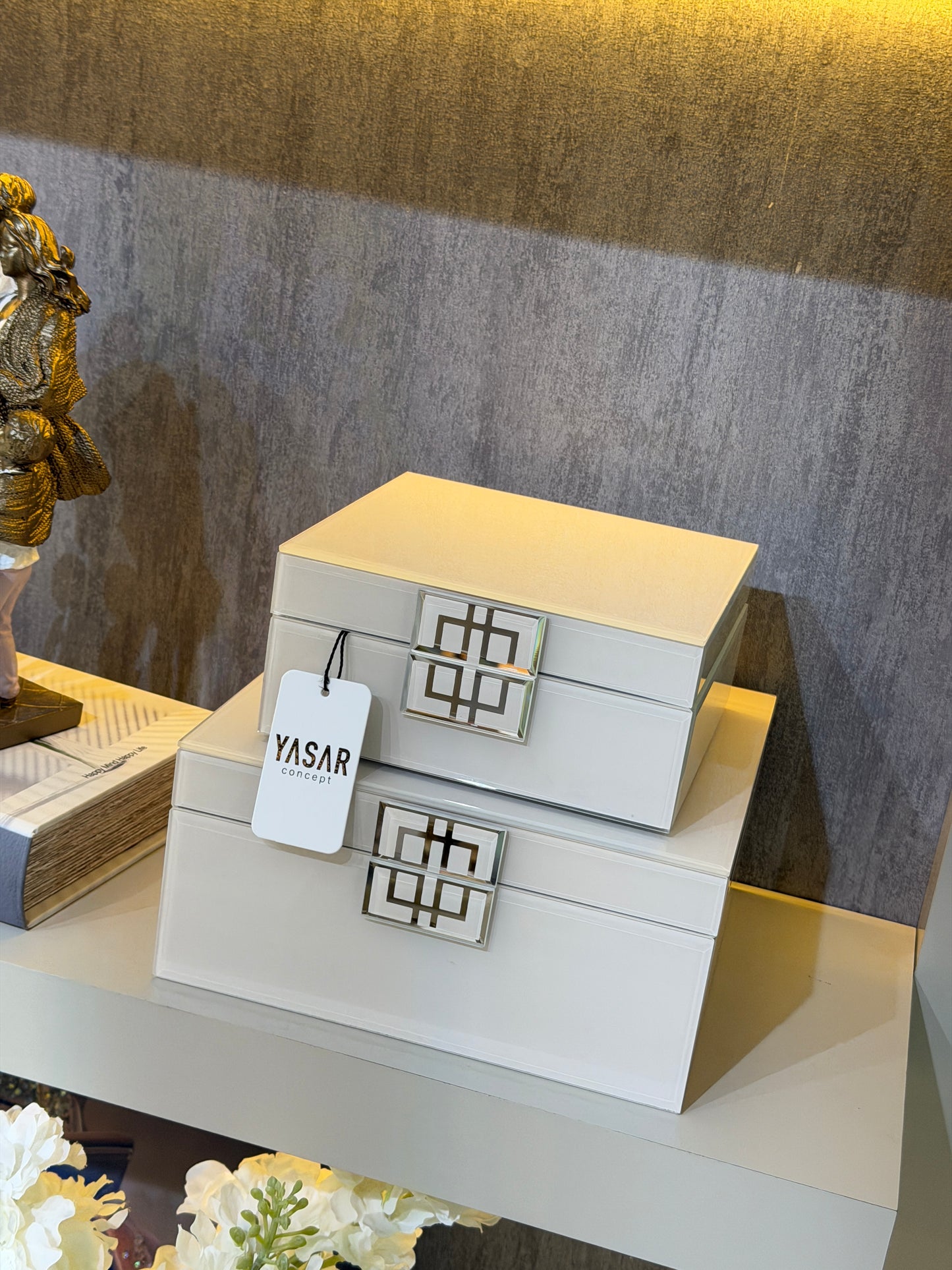 Zafielle Dekoratif Cam Kutu Set Beyaz