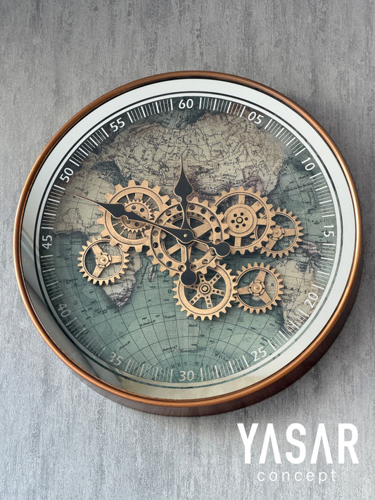 Imperio Dünya Haritalı Metal Çarklı Duvar Saati 60 Cm