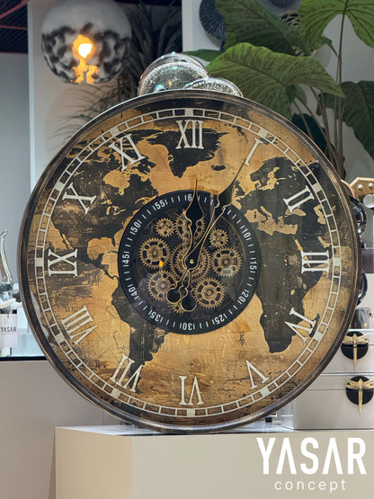 Worlddial Dünya Haritalı Metal Çarklı Duvar Saati 60 Cm