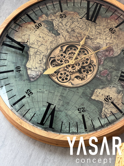 Globera Dünya Haritalı Ahşap Çarklı Saat 80 Cm