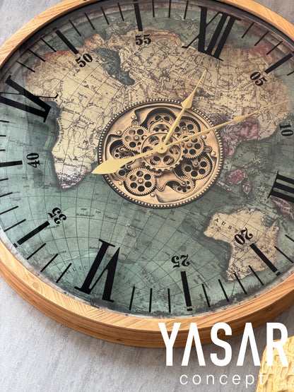 Globera Dünya Haritalı Ahşap Çarklı Saat 80 Cm
