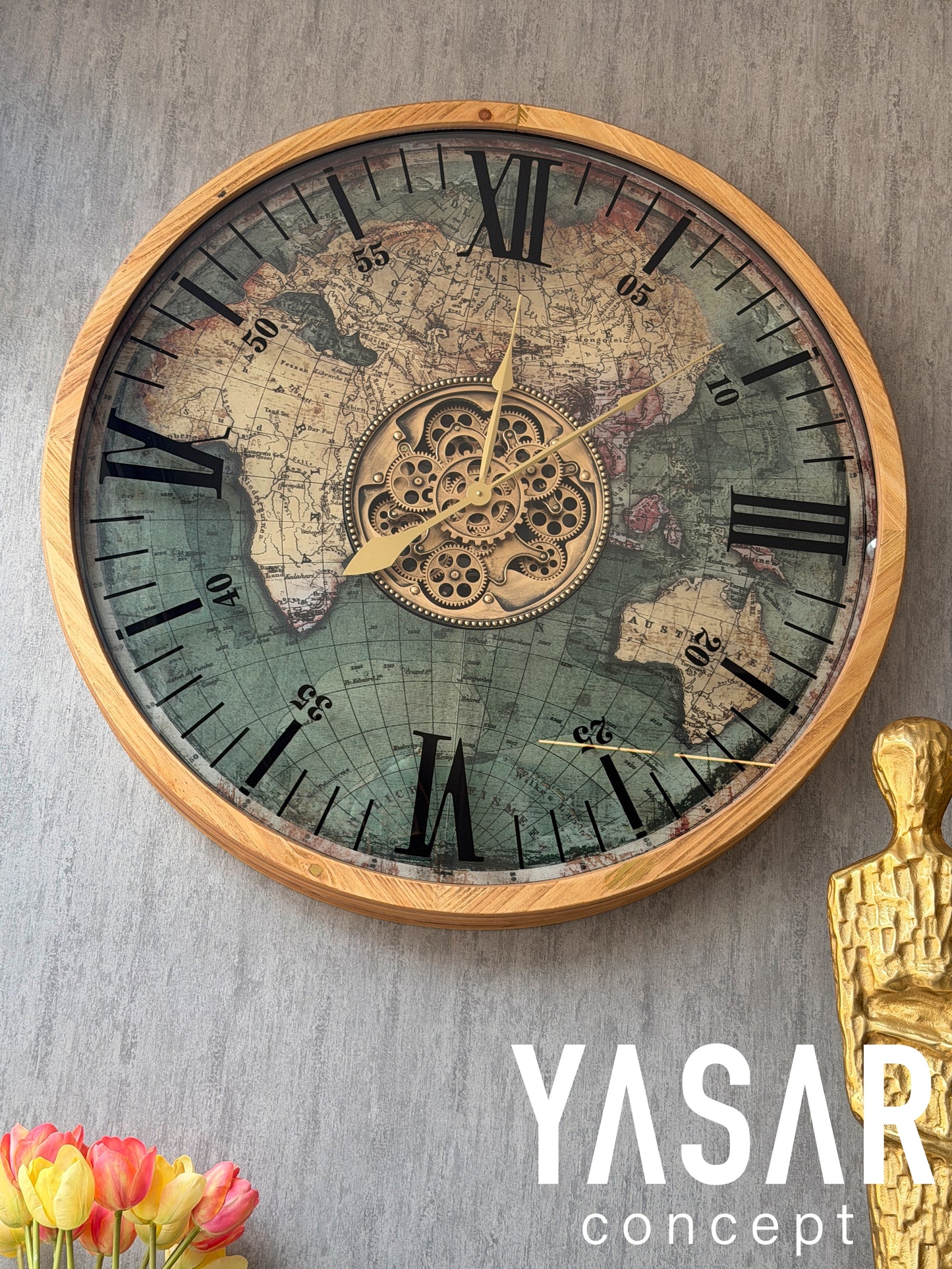 Globera Dünya Haritalı Ahşap Çarklı Saat 80 Cm