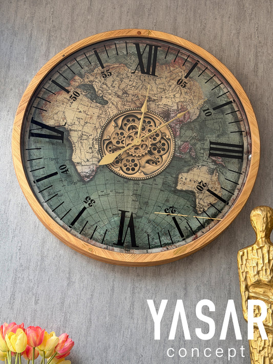 Globera Dünya Haritalı Ahşap Çarklı Saat 80 Cm