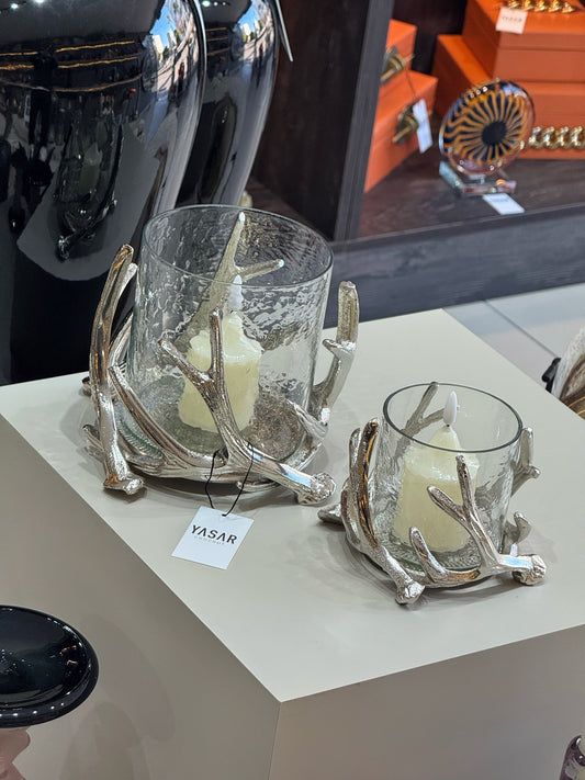 Antaluce Boynuz Detaylı Mumluk Set Gümüş