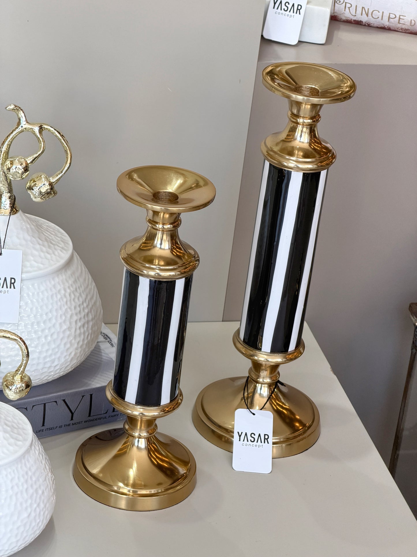 Noirline Siyah Beyaz Çizgili Metal Mumluk Set