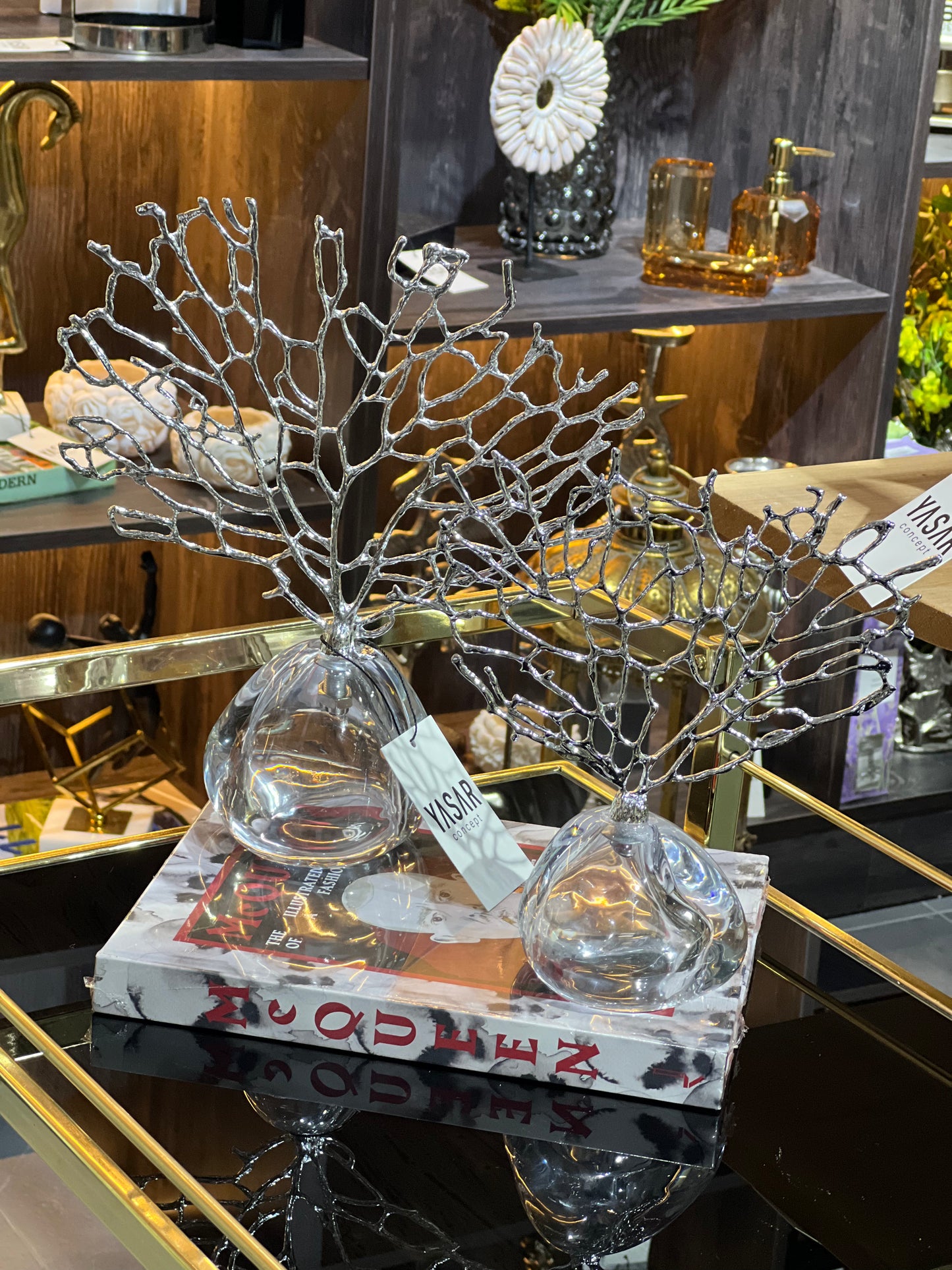 Corallium Metal ve Cam Dekoratif Mercan Obje Gümüş Set