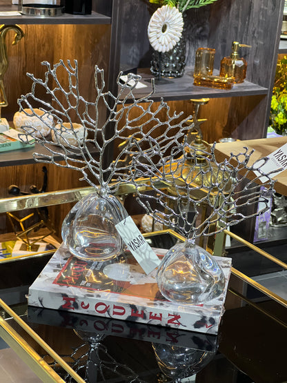 Corallium Metal ve Cam Dekoratif Mercan Obje Gümüş Set