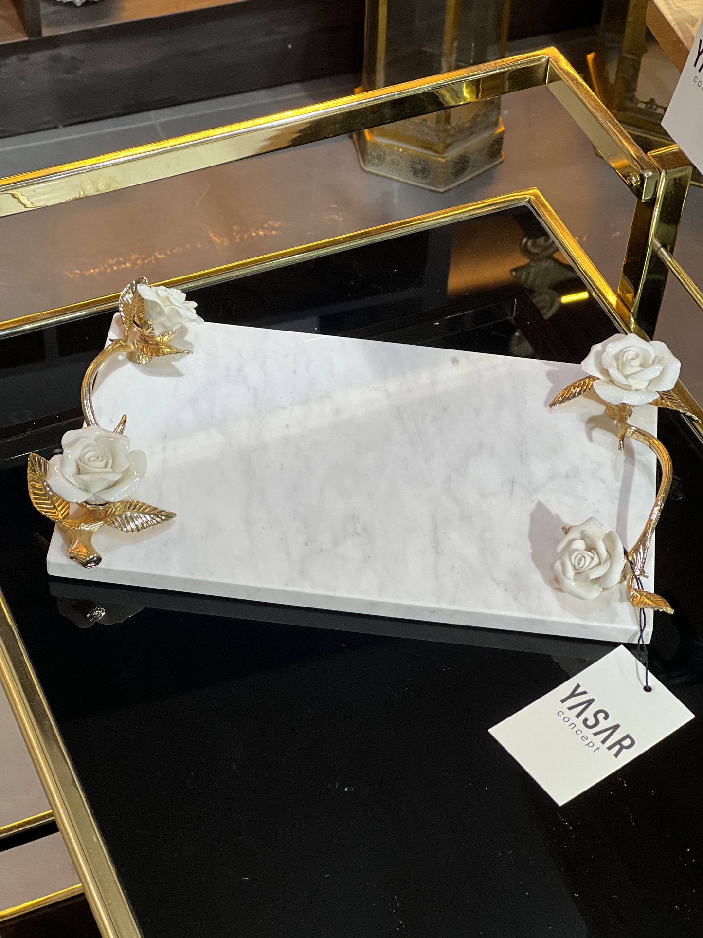 Rosamara Mermer Tepsi Porselen Gül Detaylı